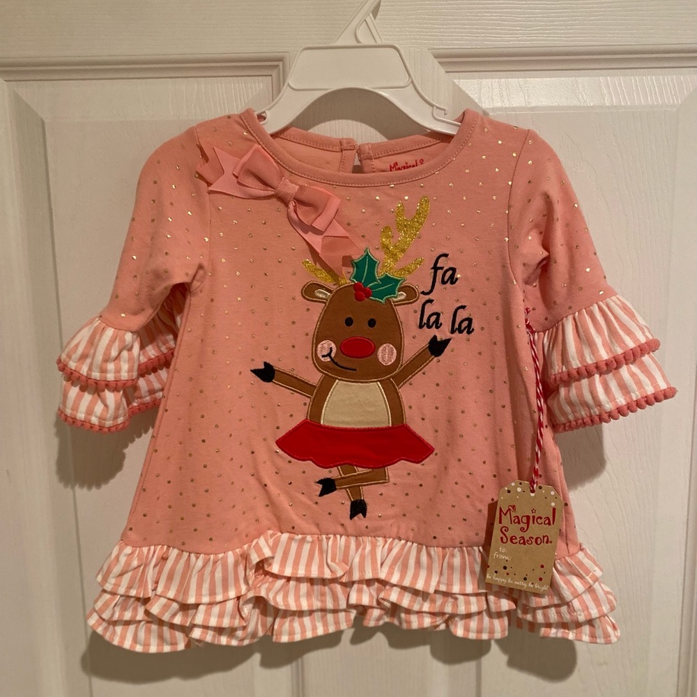 Fa La La Christmas Dress 12 Months, Girls Pink Reindeer Christmas Ruffle Dress